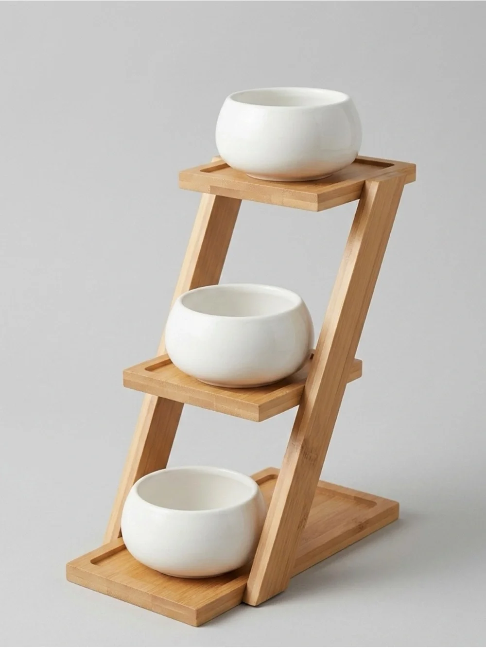Three Tiered Bamboo Plant Stand with 3 Mini Ceramic Pots Minimalist Hygge Decor
